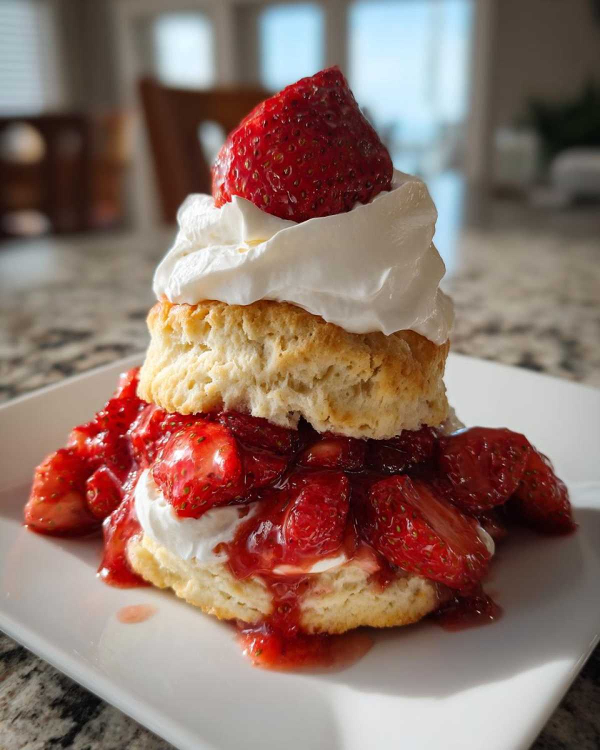 A tall, delicious shortcake layered with macerated strawberries and whipped cream, topped with a whole strawberry.