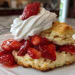 A close-up of a fluffy shortcake split and filled with macerated strawberries and topped with whipped cream.