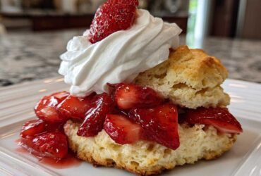 A close-up of a fluffy shortcake split and filled with macerated strawberries and topped with whipped cream.