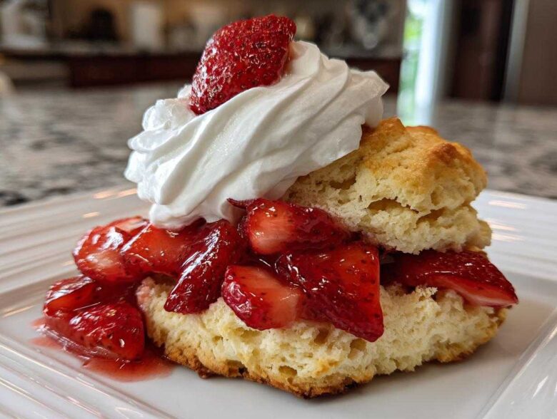 A close-up of a fluffy shortcake split and filled with macerated strawberries and topped with whipped cream.