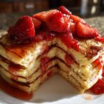 A thick stack of fluffy strawberry pancakes, cut to show the layers, topped with fresh strawberries and syrup.