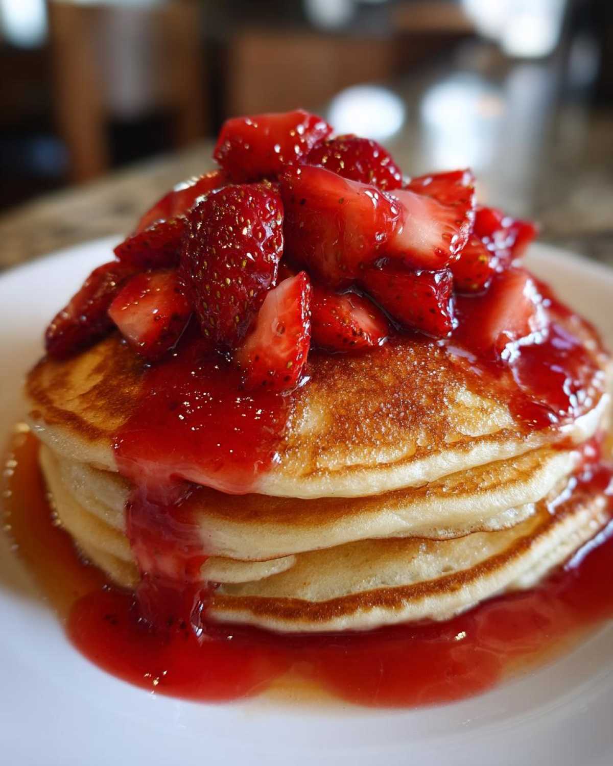 Close-up of a stack of fluffy strawberry pancakes generously topped with sliced strawberries and red syrup.