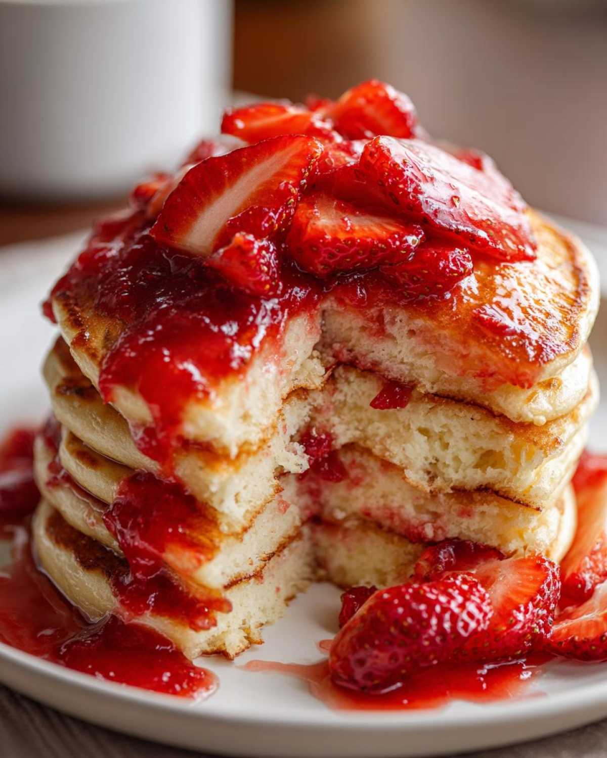 Close-up of fluffy strawberry pancakes stacked high, drizzled with strawberry sauce and topped with fresh slices.