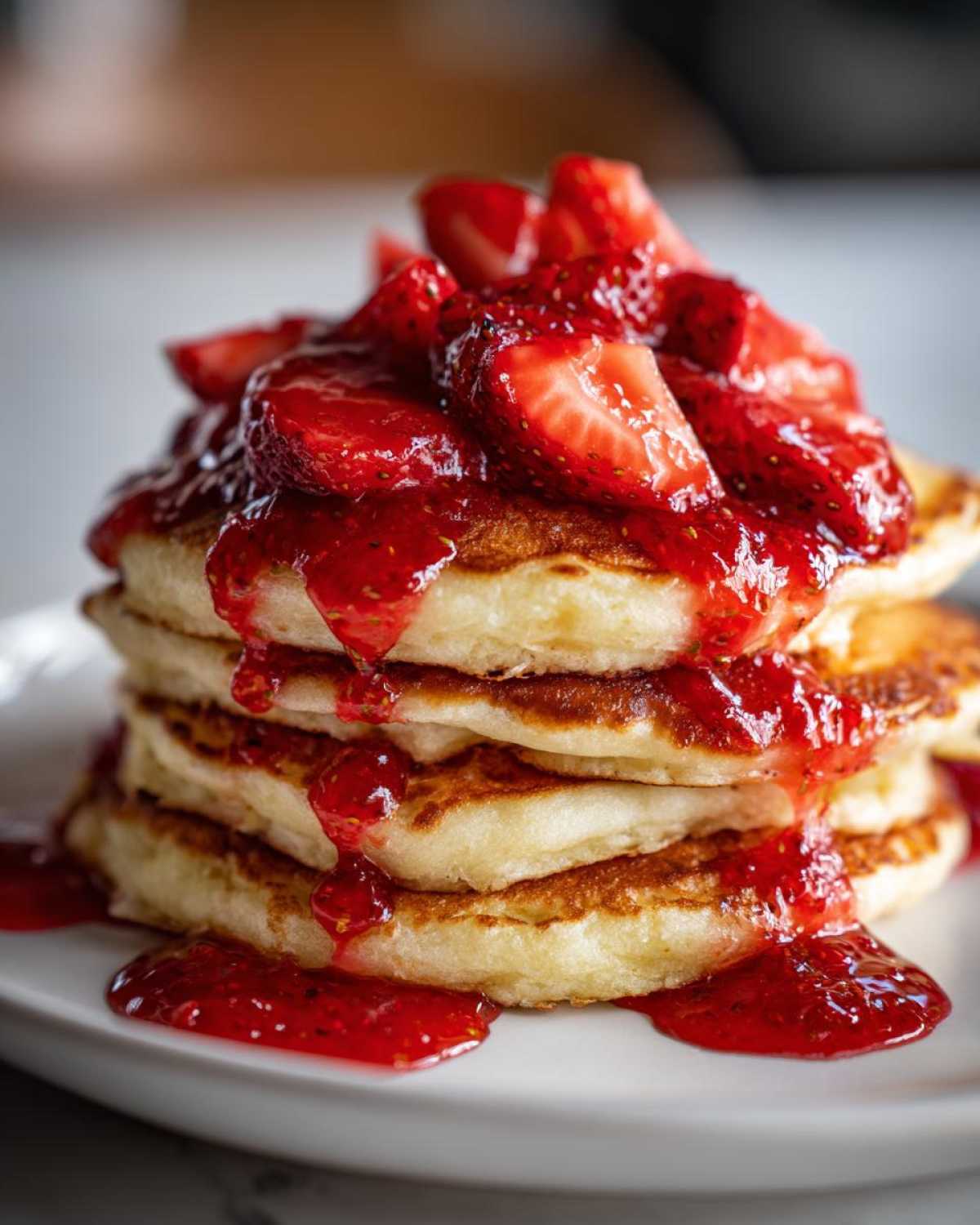 Close-up of a tall stack of fluffy strawberry pancakes drizzled generously with strawberry sauce and topped with fresh sliced strawberries.