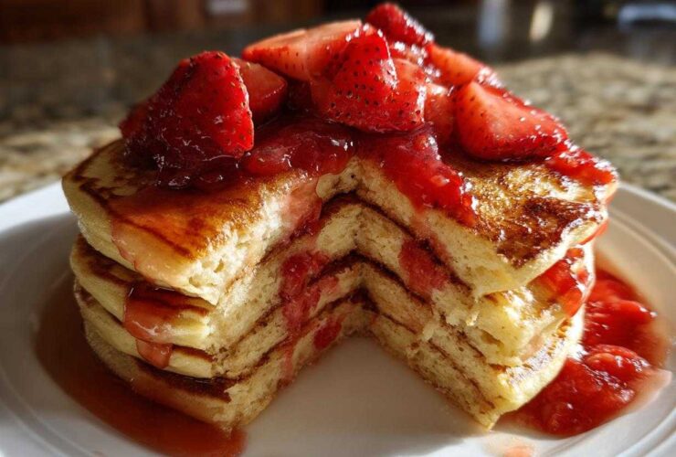 A thick stack of fluffy strawberry pancakes, cut to show the layers, topped with fresh strawberries and syrup.