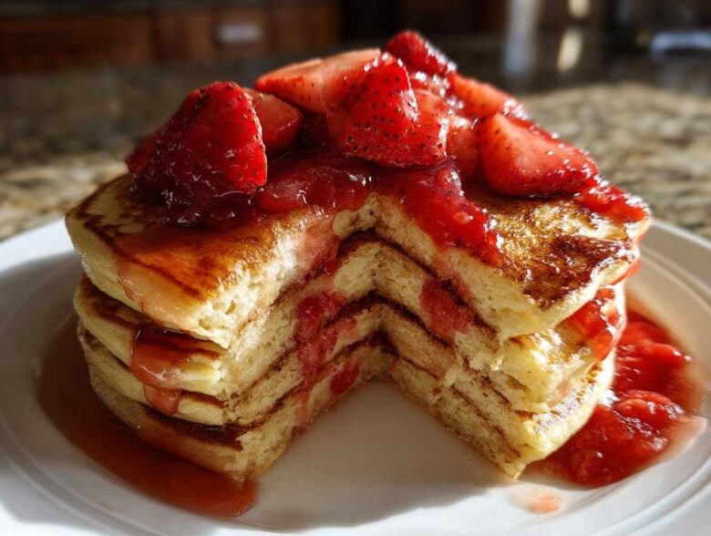 A thick stack of fluffy strawberry pancakes, cut to show the layers, topped with fresh strawberries and syrup.