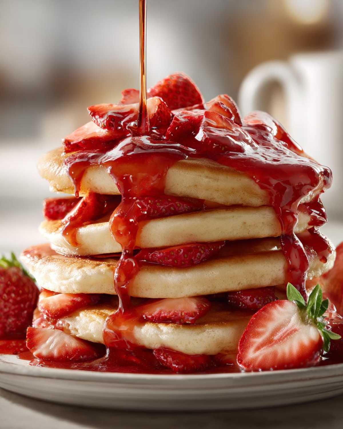A tall stack of fluffy strawberry pancakes being drizzled with strawberry syrup and topped with fresh sliced strawberries.