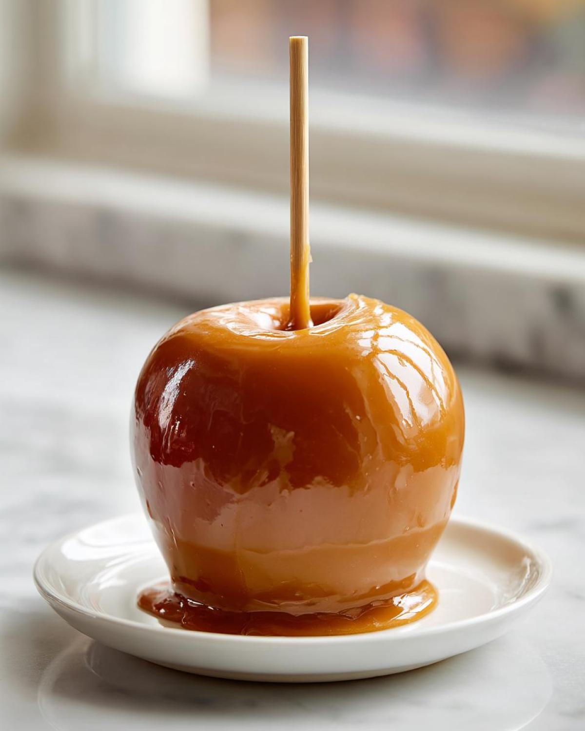 A shiny, freshly made caramel apple on a stick, resting on a small white plate.