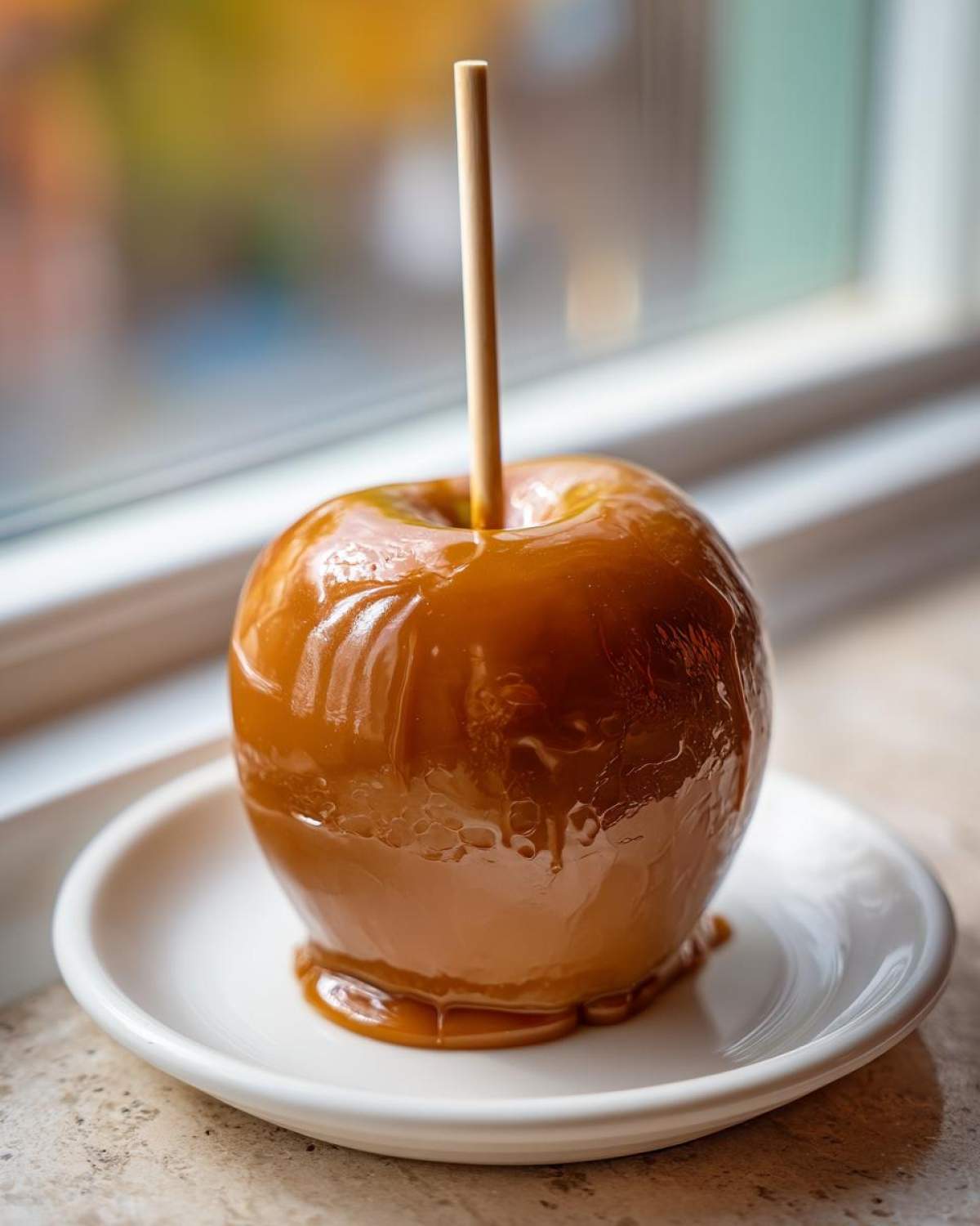 A single, glossy caramel apple with a wooden stick resting on a small white plate near a window.