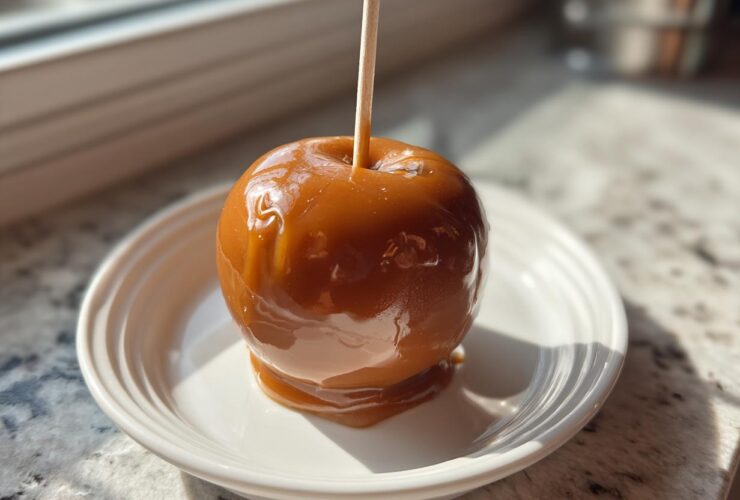 A single, glossy caramel apple on a stick, resting on a white plate, perfectly coated in rich caramel.