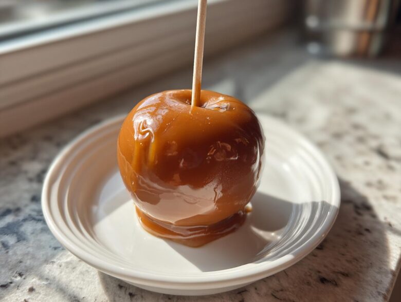 A single, glossy caramel apple on a stick, resting on a white plate, perfectly coated in rich caramel.