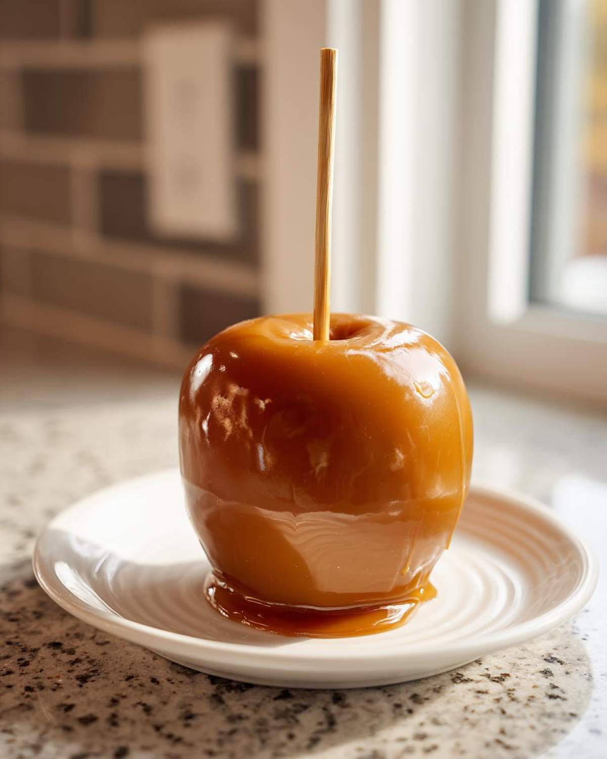 A single, glossy caramel apple on a stick, resting on a small white plate, showing drips of caramel.