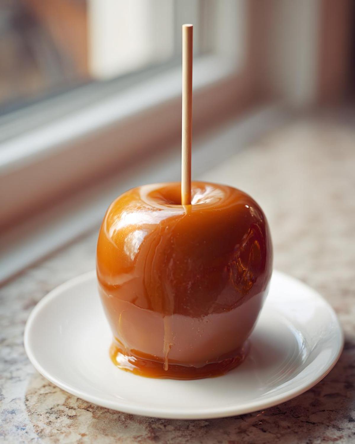 A single, glossy caramel apple on a stick resting on a white plate, showcasing the thick caramel coating.