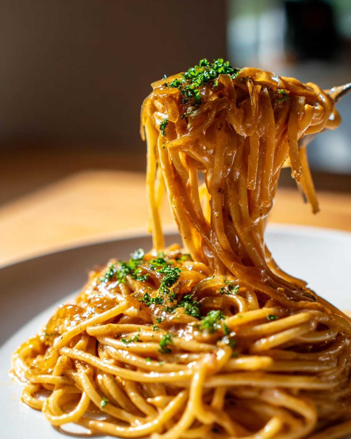 A fork lifting a generous portion of creamy caramelized onion pasta, topped with fresh parsley.