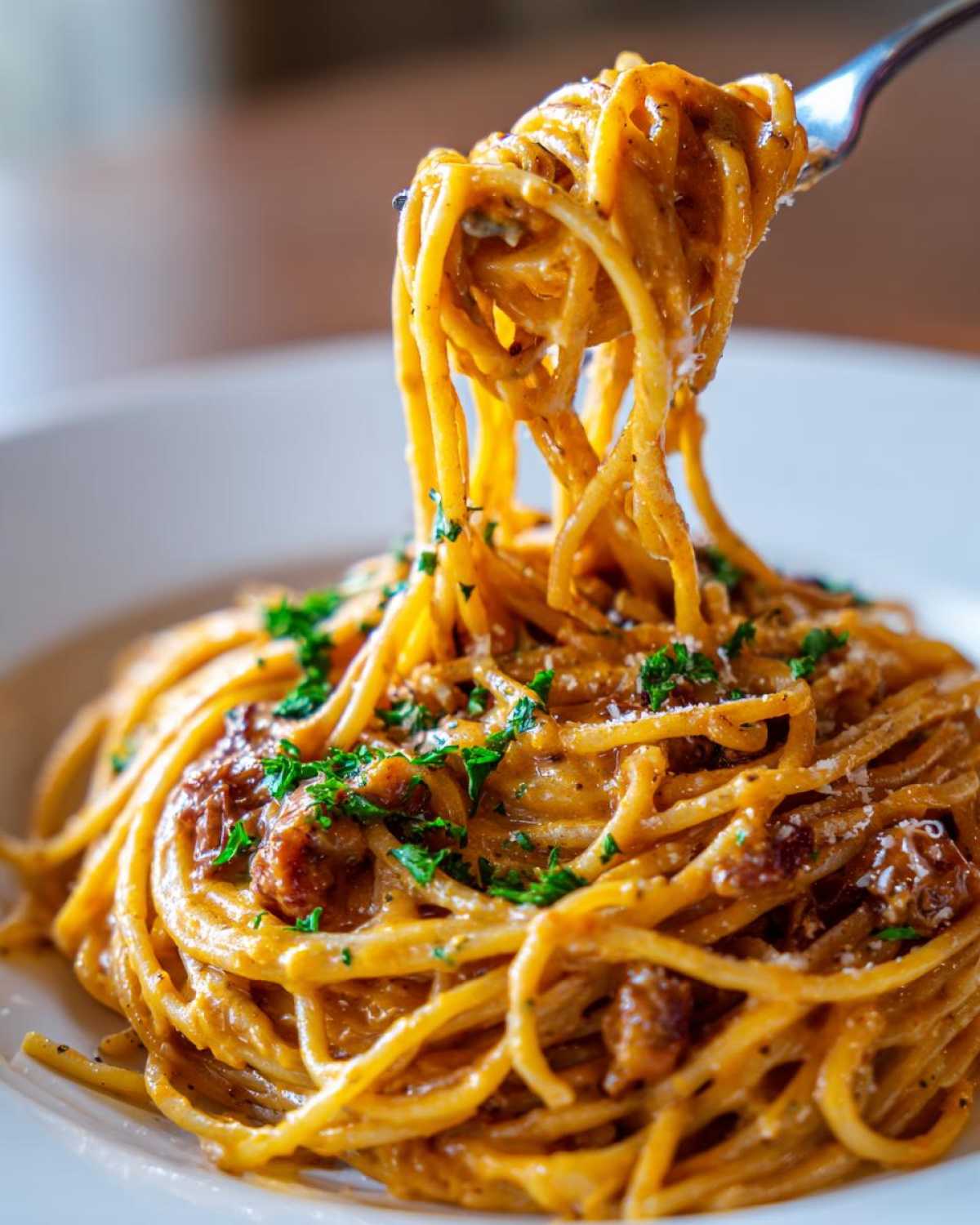 A fork lifting a generous swirl of creamy caramelized onion pasta, garnished with parsley and cheese.