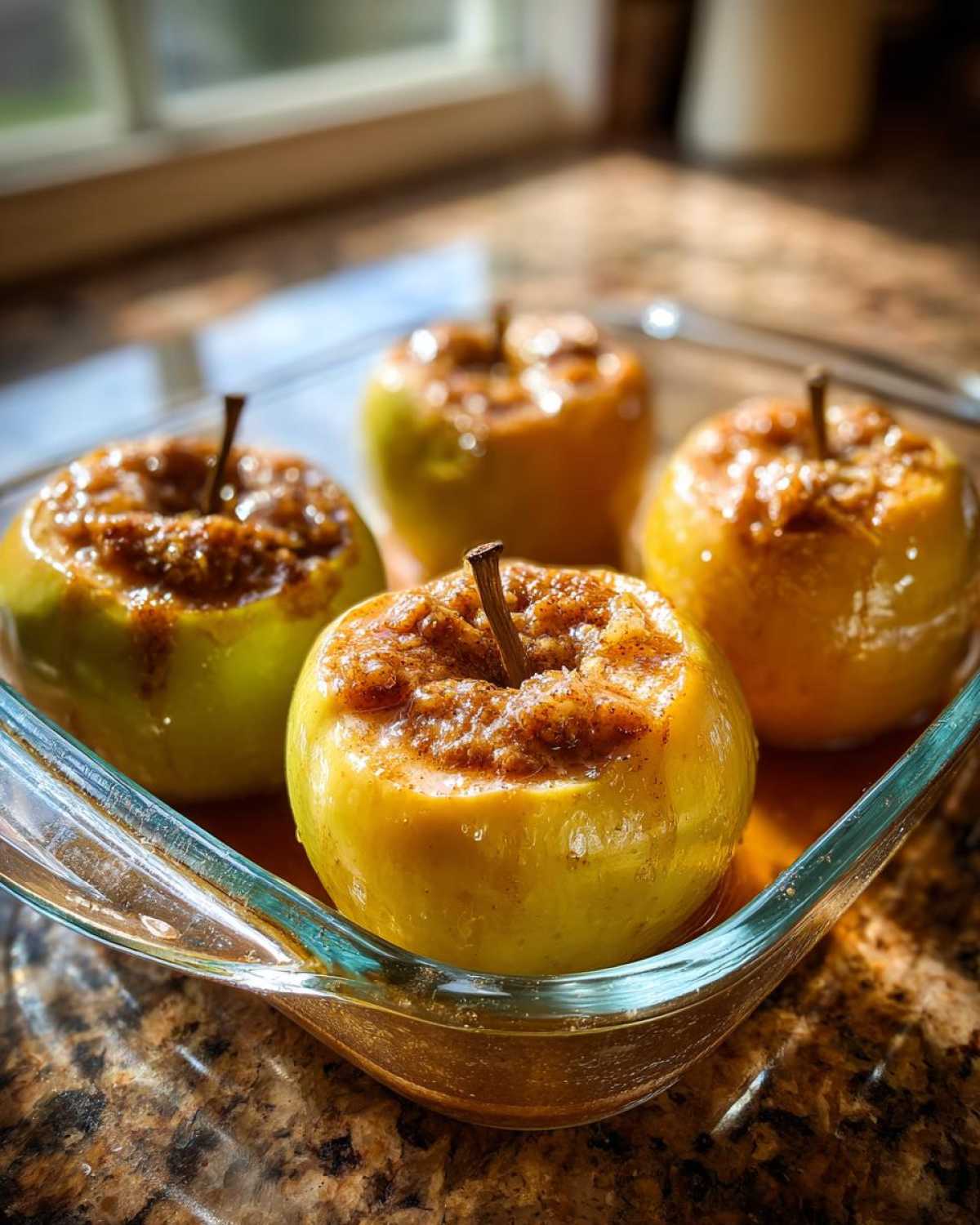 Four golden baked apples stuffed with cinnamon sugar filling sitting in a clear glass baking dish.