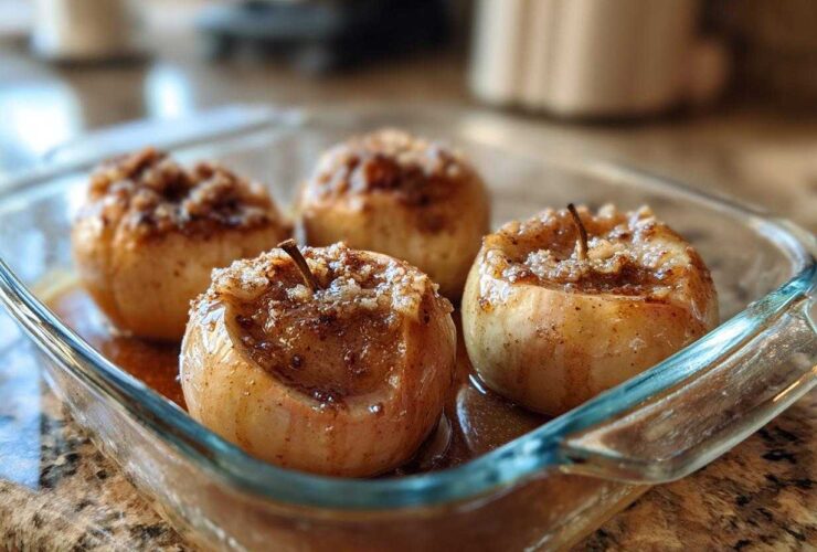 Four perfectly baked apples with a crumbly cinnamon sugar topping sitting in a glass baking dish.