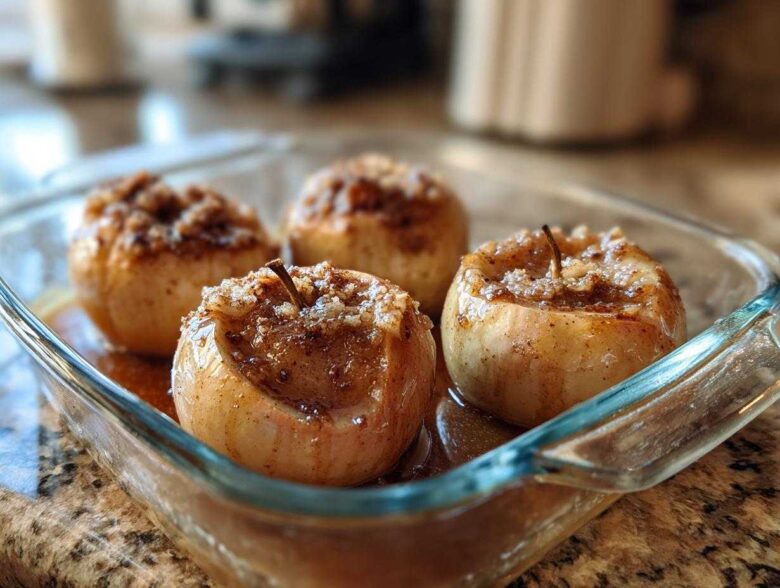 Four perfectly baked apples with a crumbly cinnamon sugar topping sitting in a glass baking dish.