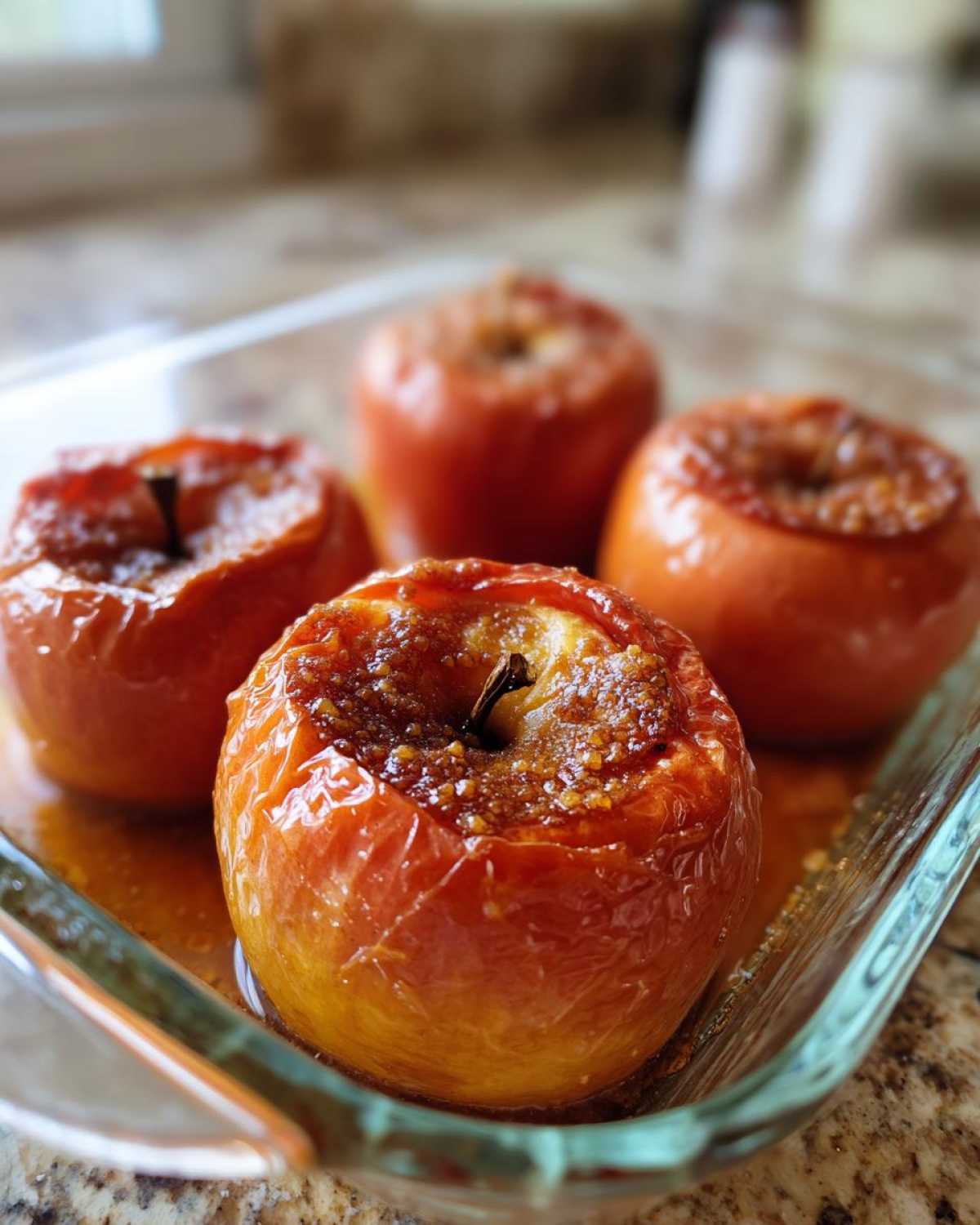 Four glistening baked apples with cinnamon sugar filling resting in a glass dish.