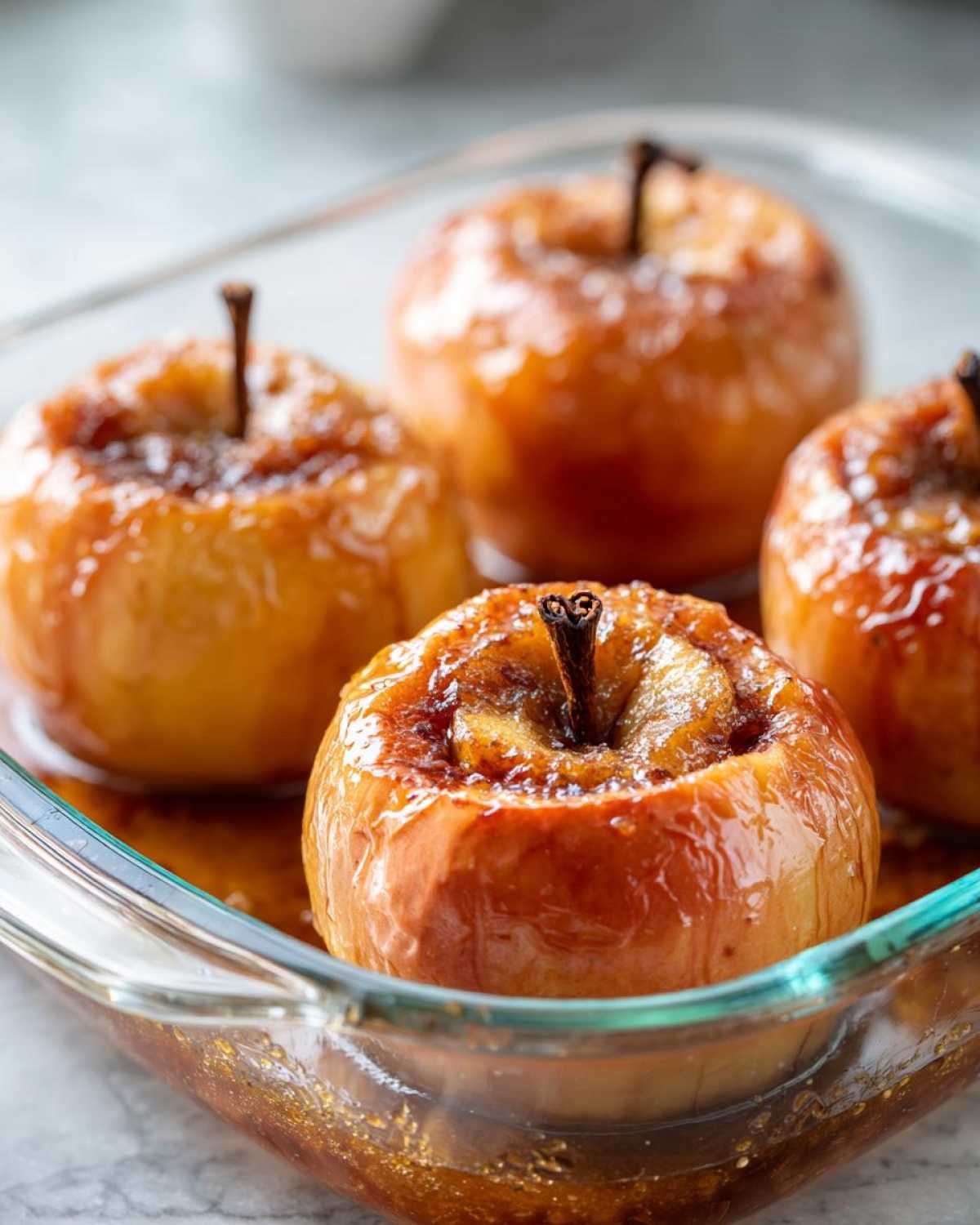 Close-up of four glistening baked apples with cinnamon sticks in a clear glass baking dish.