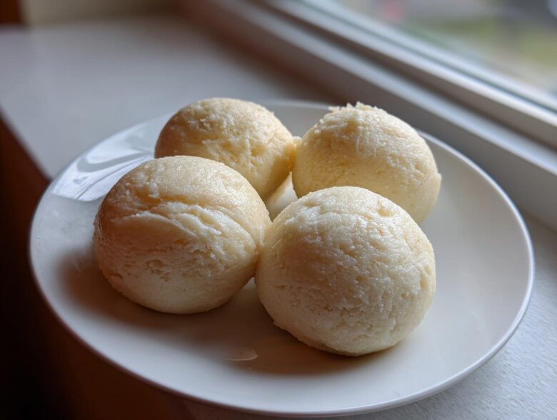 Four perfectly shaped balls of smooth fufu served on a white plate near a window.