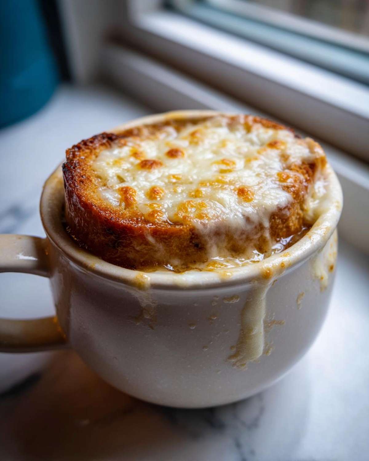 A close-up of a crock of french onion soup recipe topped with a thick layer of melted, browned cheese over toast.