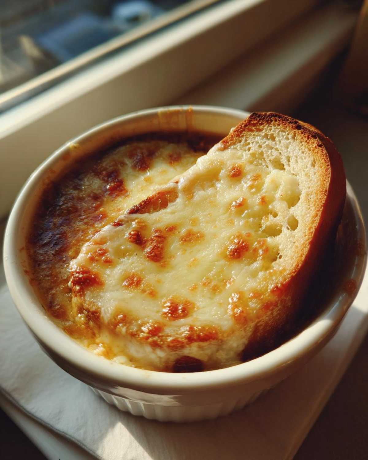 Close-up of a bowl of hot french onion soup recipe topped with melted, browned Gruyère cheese and a slice of toasted bread.