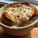 Close-up of a crock of French onion soup recipe topped with a toasted crouton and melted, browned Gruyère cheese.