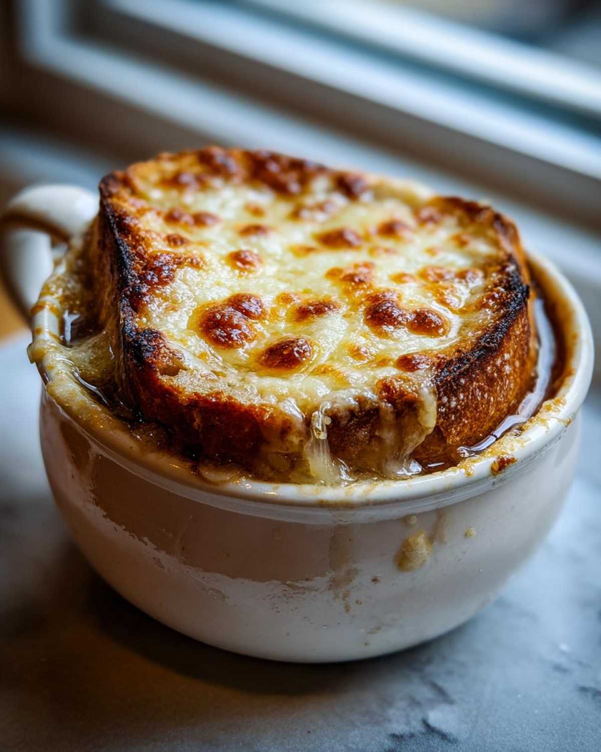 Close-up of a crock of French onion soup recipe with a thick, cheesy, broiled crouton topping.
