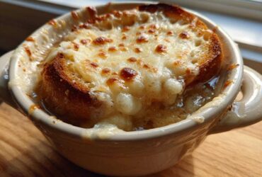 Close-up of a crock of French onion soup recipe topped with a toasted crouton and melted, browned Gruyère cheese.