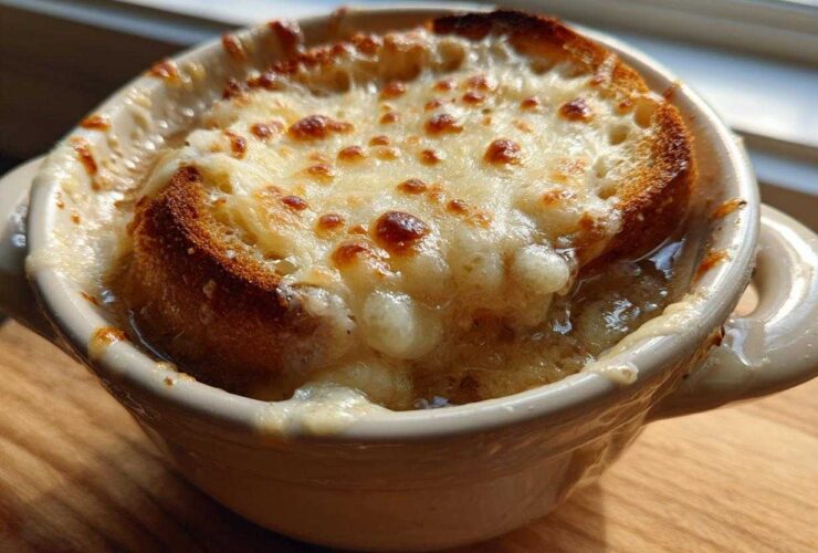 Close-up of a crock of French onion soup recipe topped with a toasted crouton and melted, browned Gruyère cheese.