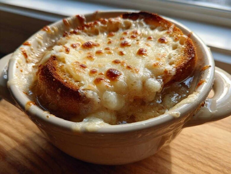 Close-up of a crock of French onion soup recipe topped with a toasted crouton and melted, browned Gruyère cheese.