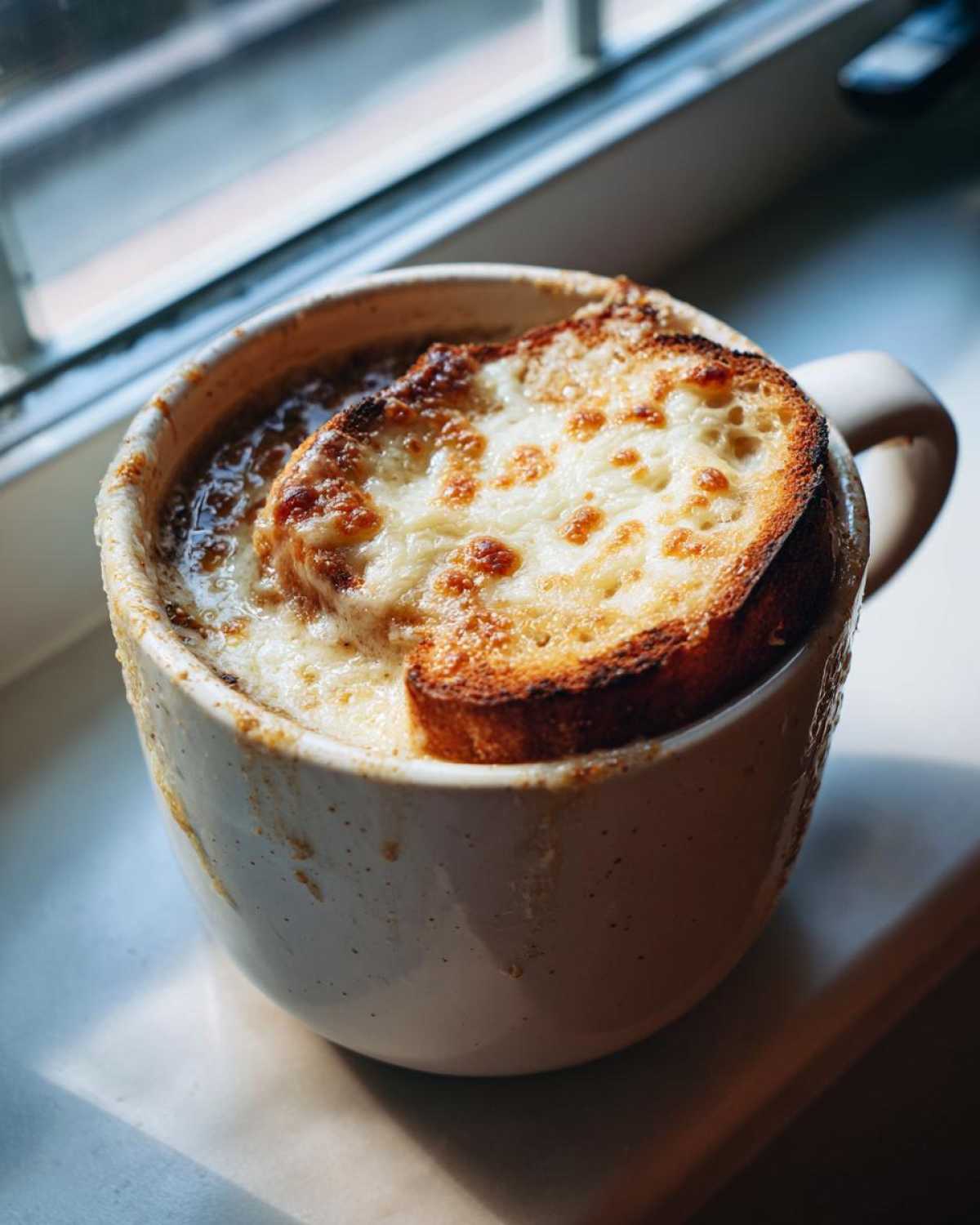 A close-up of rich french onion soup recipe served in a white mug, topped with a cheesy, broiled crouton.