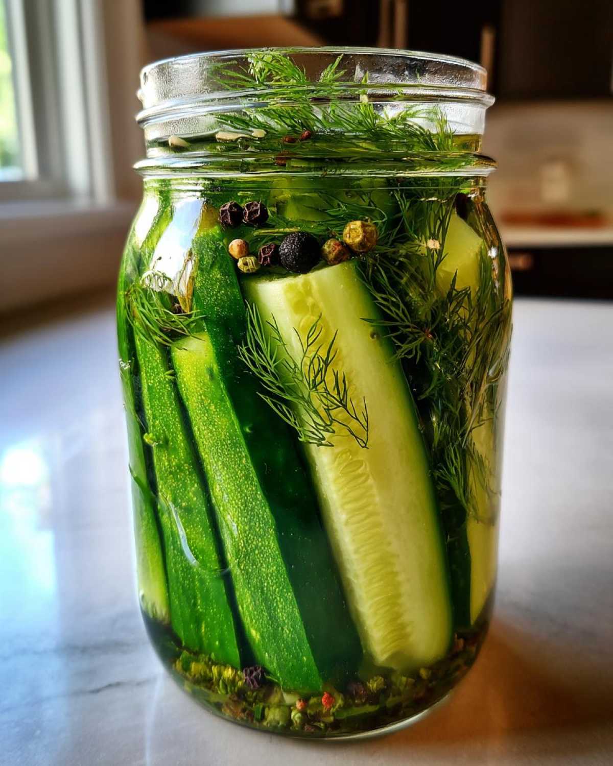 Close-up of fresh cucumber spears being made into refrigerator pickles with dill and peppercorns in a glass jar.
