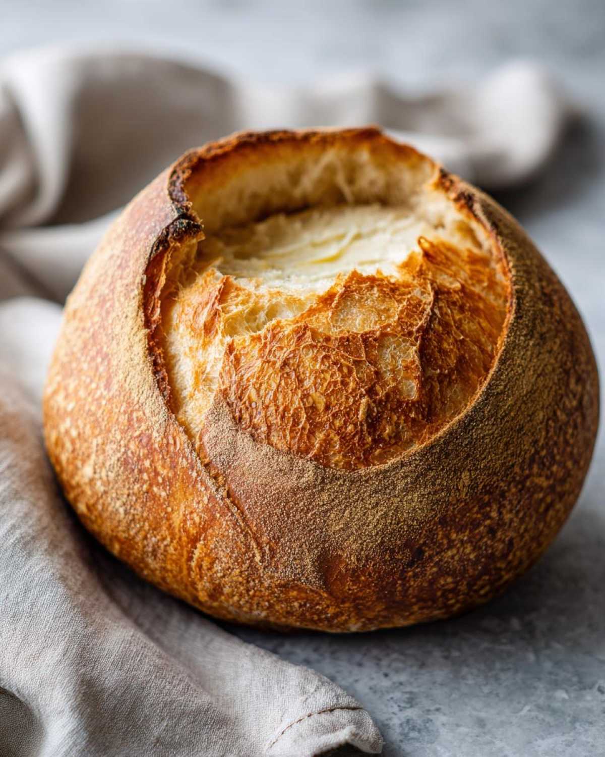 Close-up of a golden-brown, crusty, freshly baked bread bowl with the top cut out, ready for soup.
