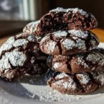 A stack of dark, fudgy chocolate crinkle cookies heavily dusted with powdered sugar, with one cookie broken open to show the texture.