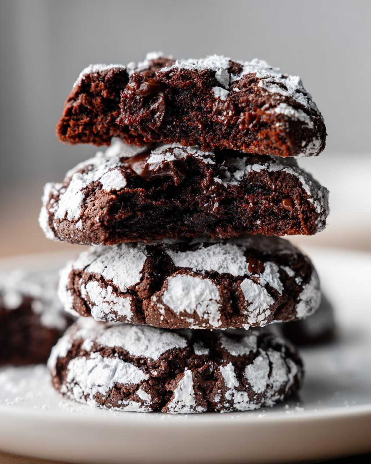 A stack of four fudgy chocolate crinkle cookies dusted heavily with powdered sugar.