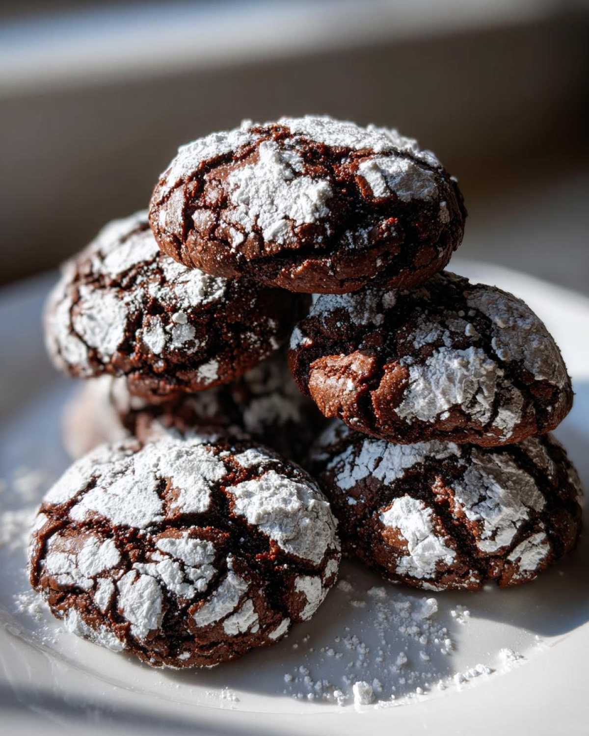 A stack of rich, dark chocolate crinkle cookies heavily dusted with white powdered sugar.