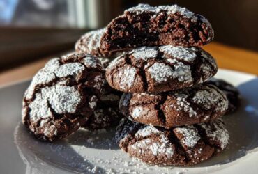 A stack of dark, fudgy chocolate crinkle cookies heavily dusted with powdered sugar, with one cookie broken open to show the texture.