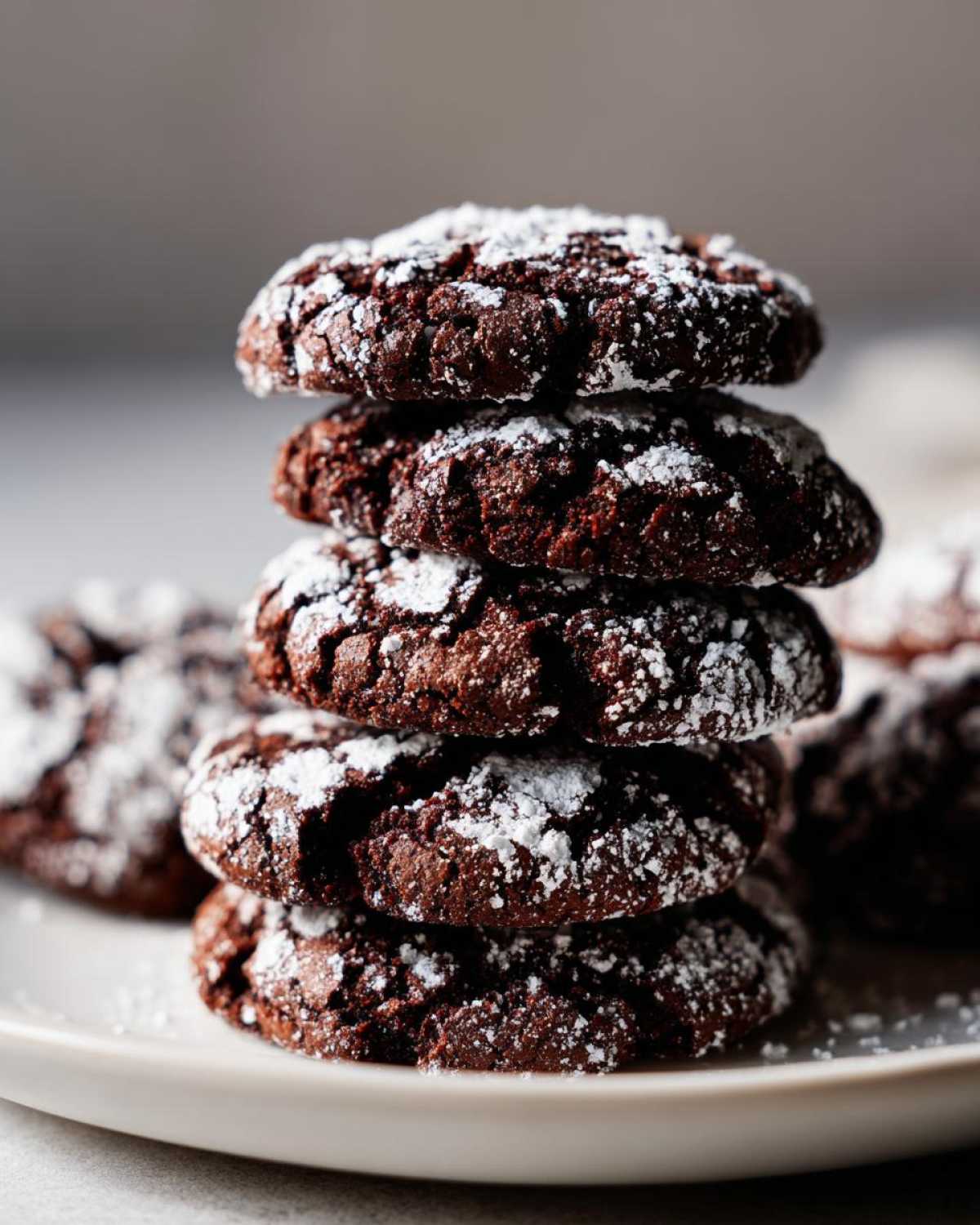 A close-up stack of five fudgy chocolate crinkle cookies dusted heavily with white powdered sugar.