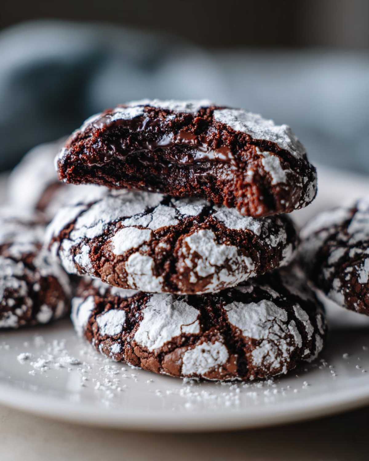 Close-up stack of fudgy chocolate crinkle cookies showing the molten center of the top cookie.