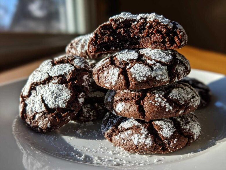 A stack of dark, fudgy chocolate crinkle cookies heavily dusted with powdered sugar, with one cookie broken open to show the texture.