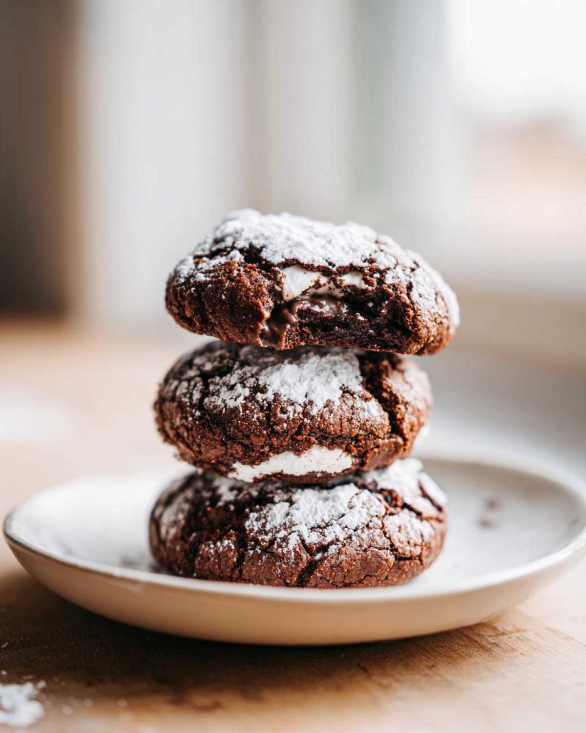 Three stacked, fudgy hot chocolate cookies dusted heavily with powdered sugar, showing a marshmallow filling in the top cookie.