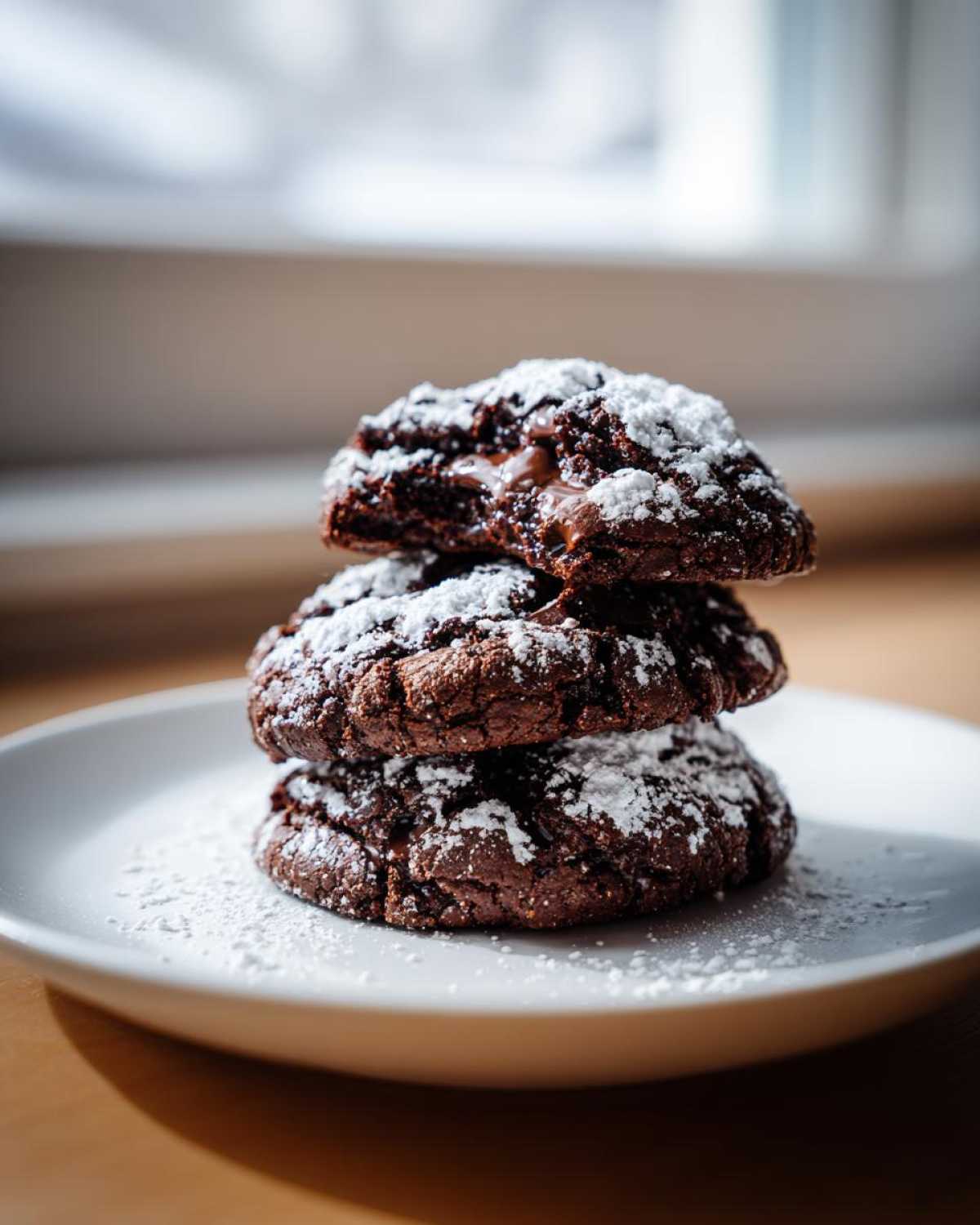 A stack of three rich, dark hot chocolate cookies dusted heavily with powdered sugar on a white plate.