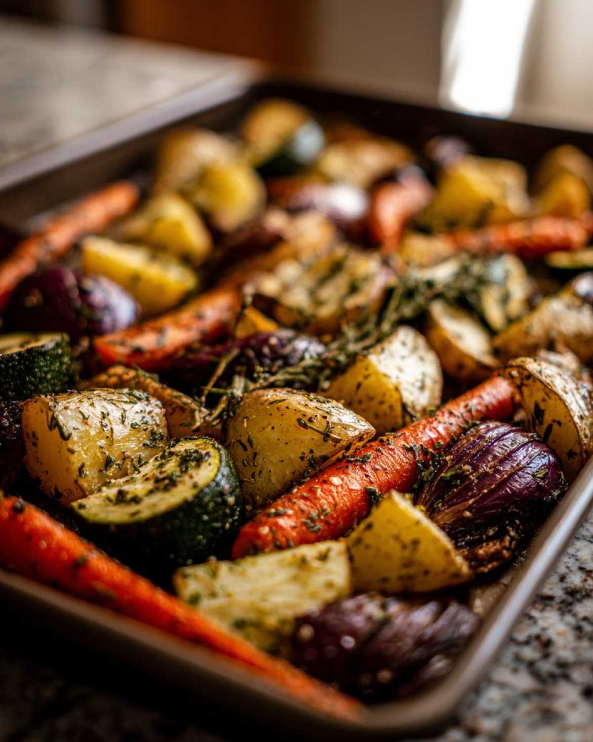 Close-up of potatoes, carrots, zucchini, and red onion pieces seasoned for Garlic Herb Roasted Veggies on a baking sheet.