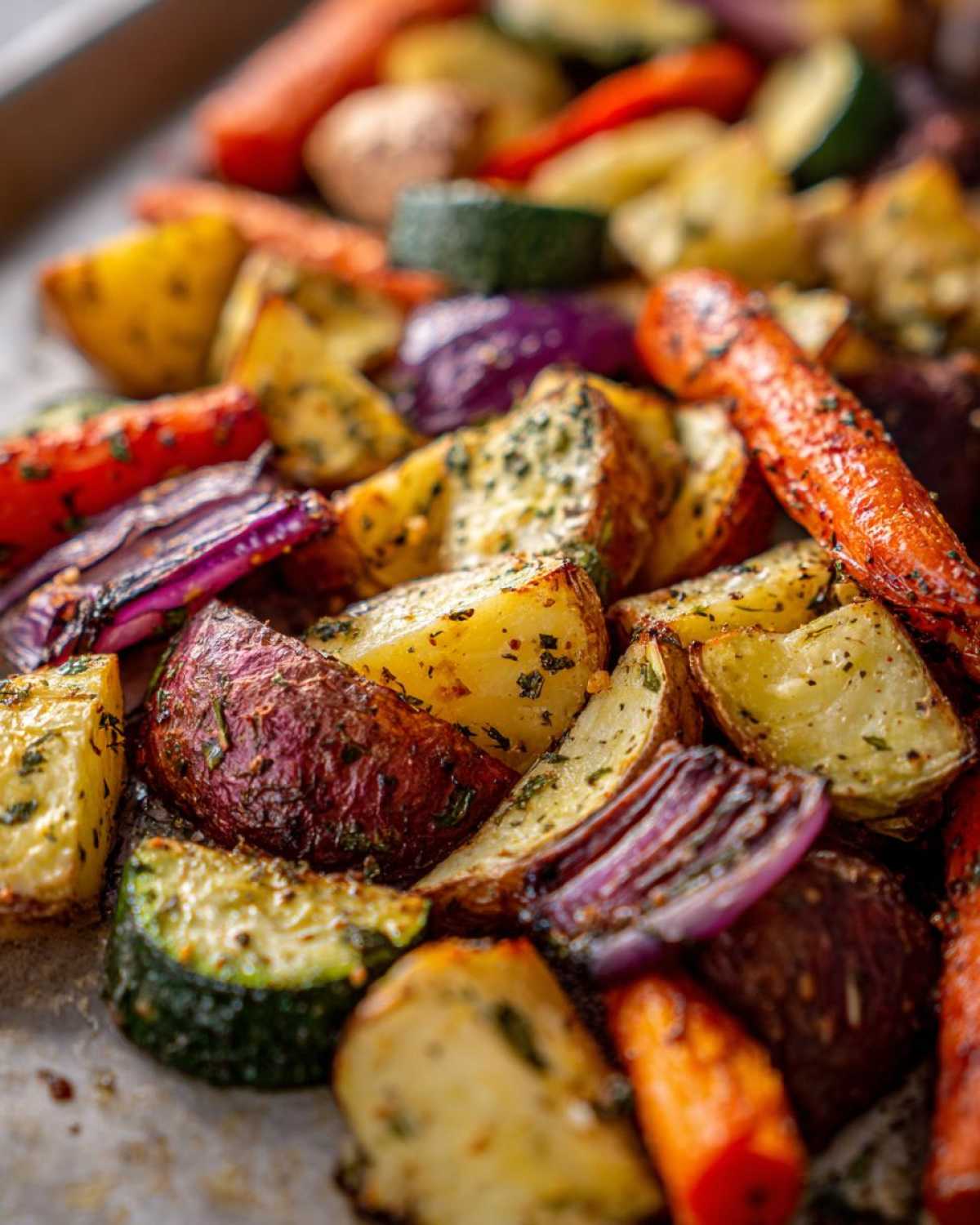 Close-up of mixed Garlic Herb Roasted Veggies including potatoes, carrots, zucchini, and red onion on a baking sheet.