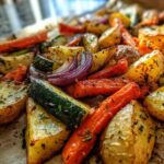 Close-up of colorful Garlic Herb Roasted Veggies including potatoes, carrots, zucchini, and red onion.