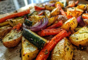 Close-up of colorful Garlic Herb Roasted Veggies including potatoes, carrots, zucchini, and red onion.