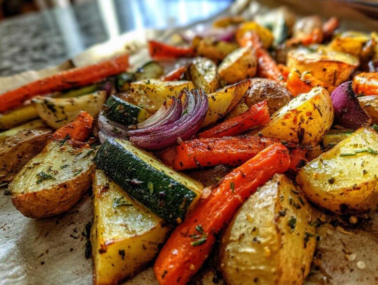 Close-up of colorful Garlic Herb Roasted Veggies including potatoes, carrots, zucchini, and red onion.