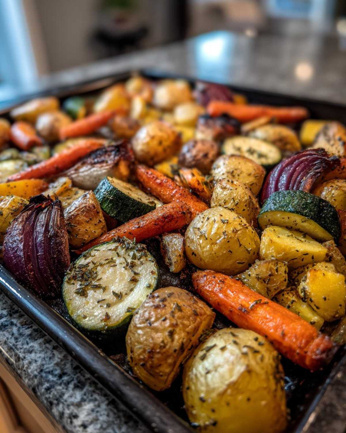 Close-up of colorful, roasted Garlic Herb Roasted Veggies including potatoes, carrots, zucchini, and red onion on a dark baking sheet.